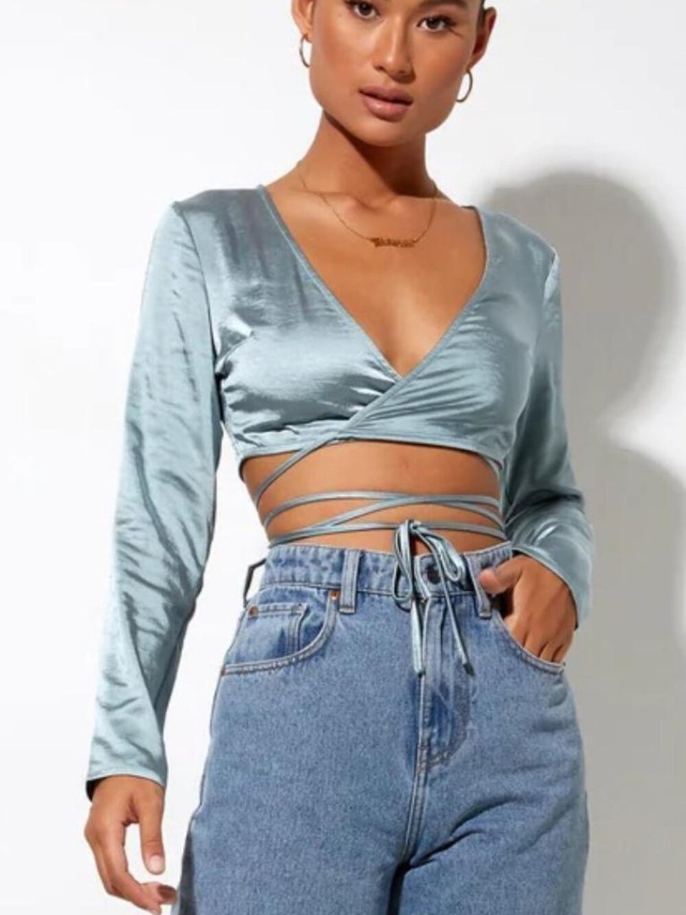 Motel Rocks Women's Satin Blue Long-Sleeve Crop-Top